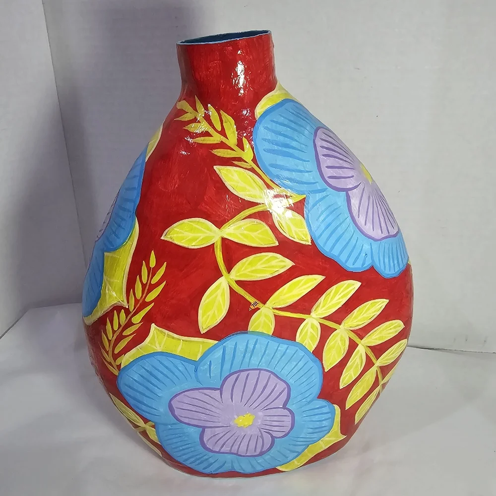 Folk Art Papier Mache Vase Haiti Signed Paper Mache Hand Painted Haitian Blaise